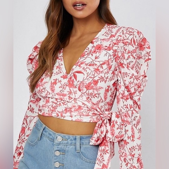 NWT In the Style Crossover Floral Wrap Puff Sleeve Blouse Top Long Sleeve Sz 6 - Picture 5 of 6
